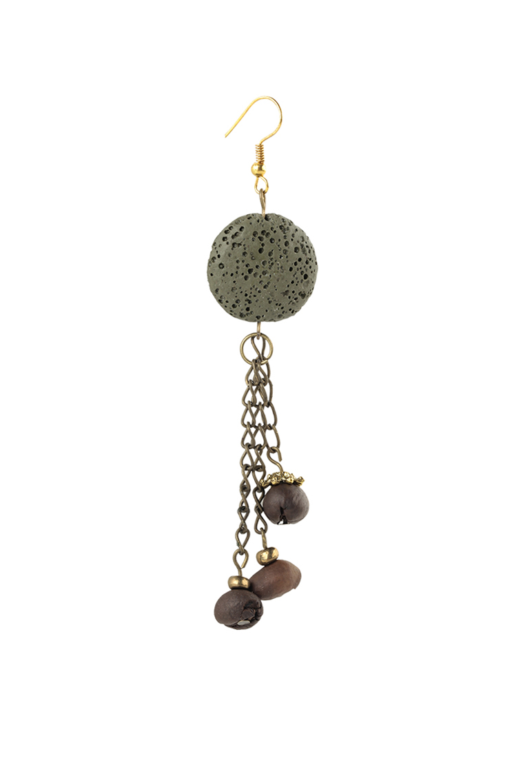 Lava Beads and Triple Coffee Beans Chain Earrings