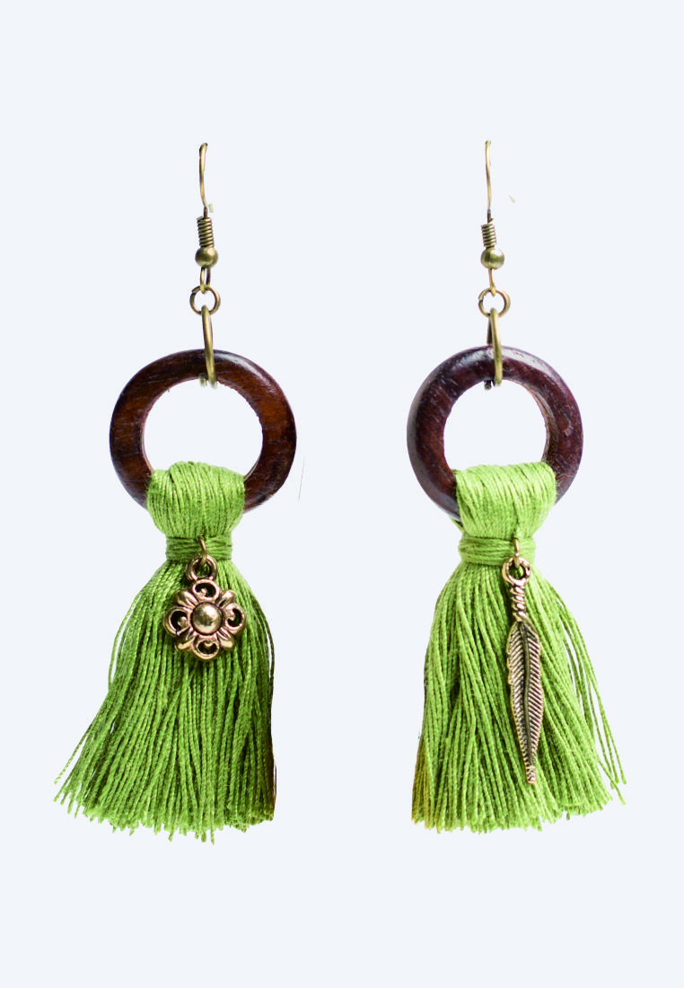 Green Tassel Wooden Ring Earrings