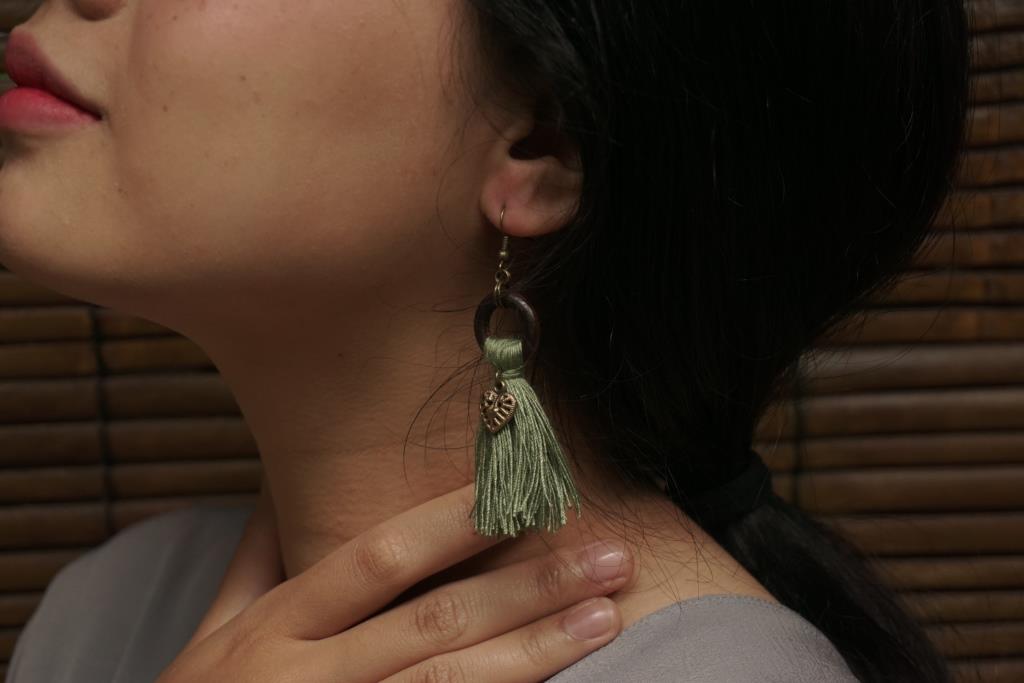 Green Tassel Wooden Ring Earrings