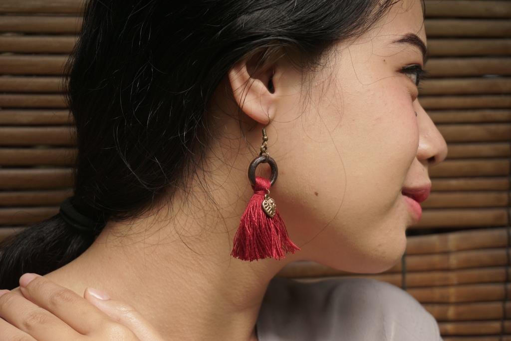 Red Tassel Wooden Ring Earrings