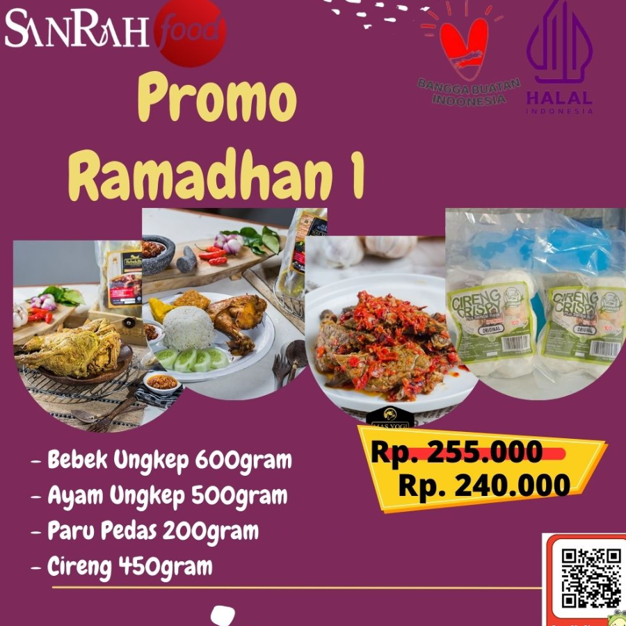 Paket 1 Sanrah Food Bebek, Ayam, Paru Pedas, Cireng