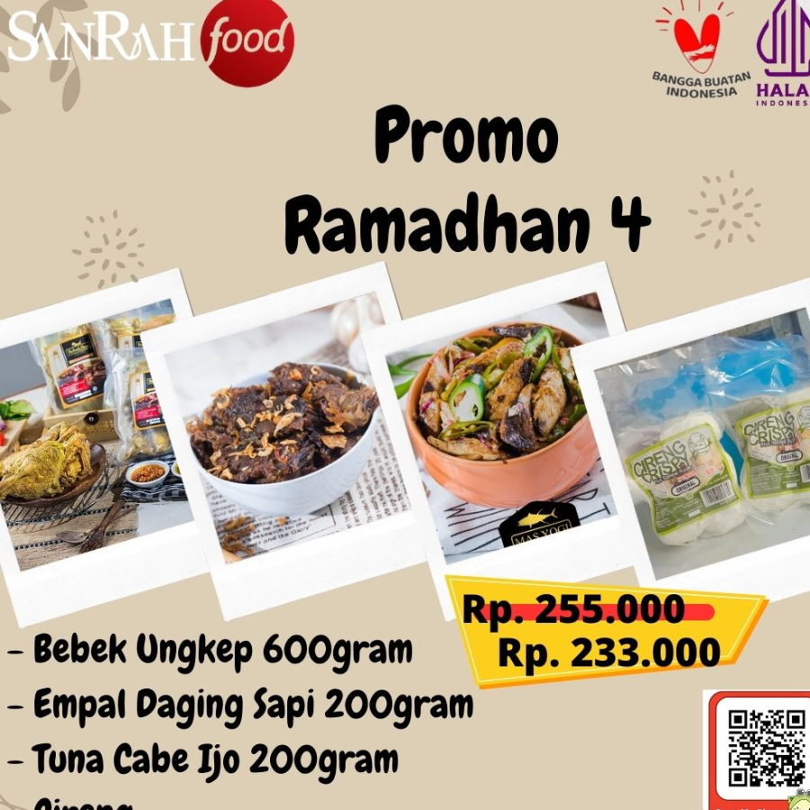 Paket 4 Sanrah Food, Bebek, Empal Daging Sapi, Tuna Cabe Ijo, Cireng