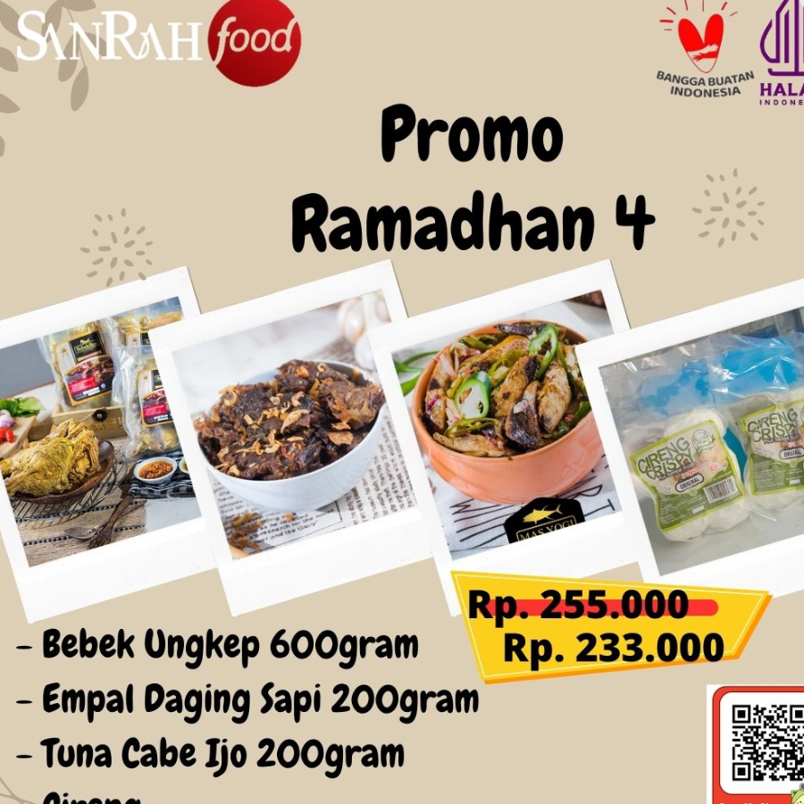 Paket 4 Sanrah Food, Bebek, Empal Daging Sapi, Tuna Cabe Ijo, Cireng