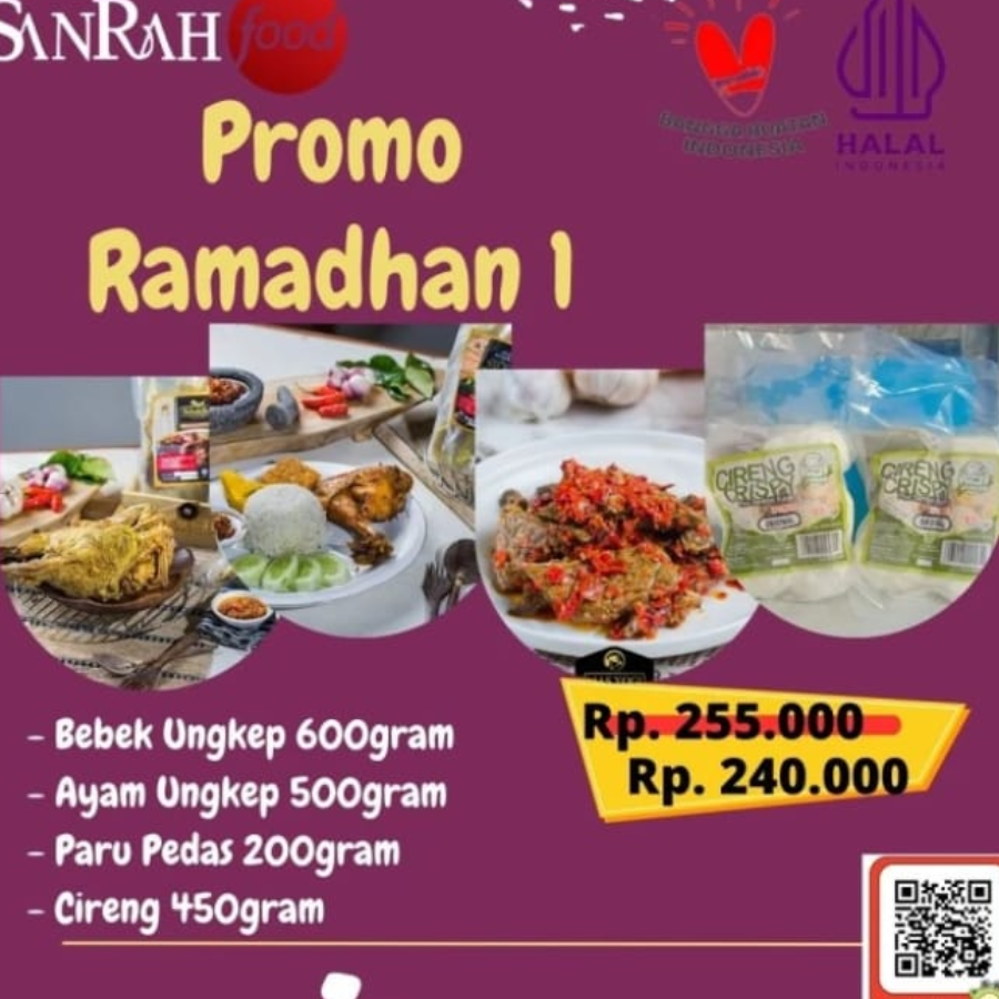 Paket 1 Sanrah Food Bebek, Ayam, Paru Pedas, Cireng