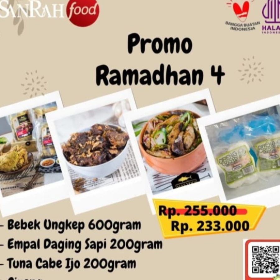 Paket 4 Sanrah Food, Bebek, Empal Daging Sapi, Tuna Cabe Ijo, Cireng