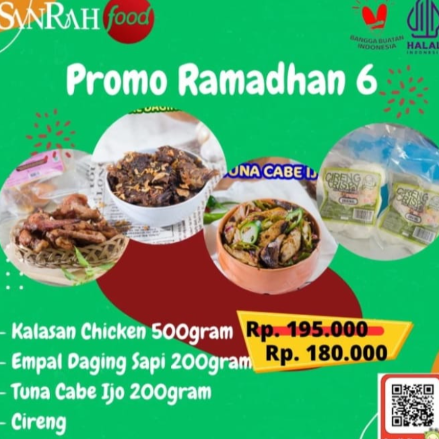 Paket 6 Sanrah Food Kalasan Chicken Wings, Empal Daging Sapi, Tuna Cabe Ijo, Cireng