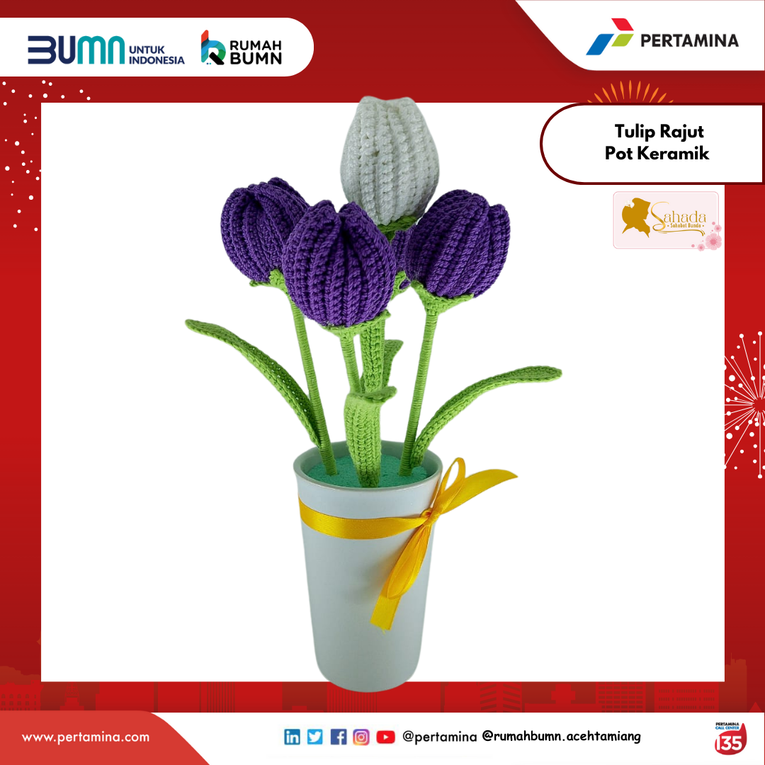 Bunga Tulip Rajut Pot Keramik